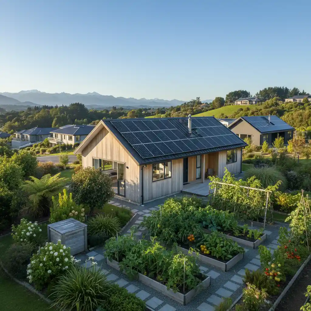 Solar panels on a green home in NZ