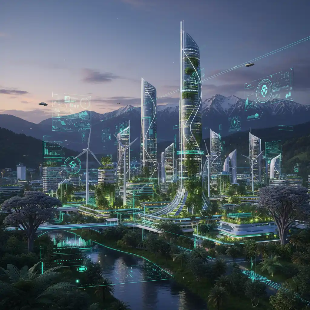 Smart City skyline with IoT data overlays driving sustainability in New Zealand