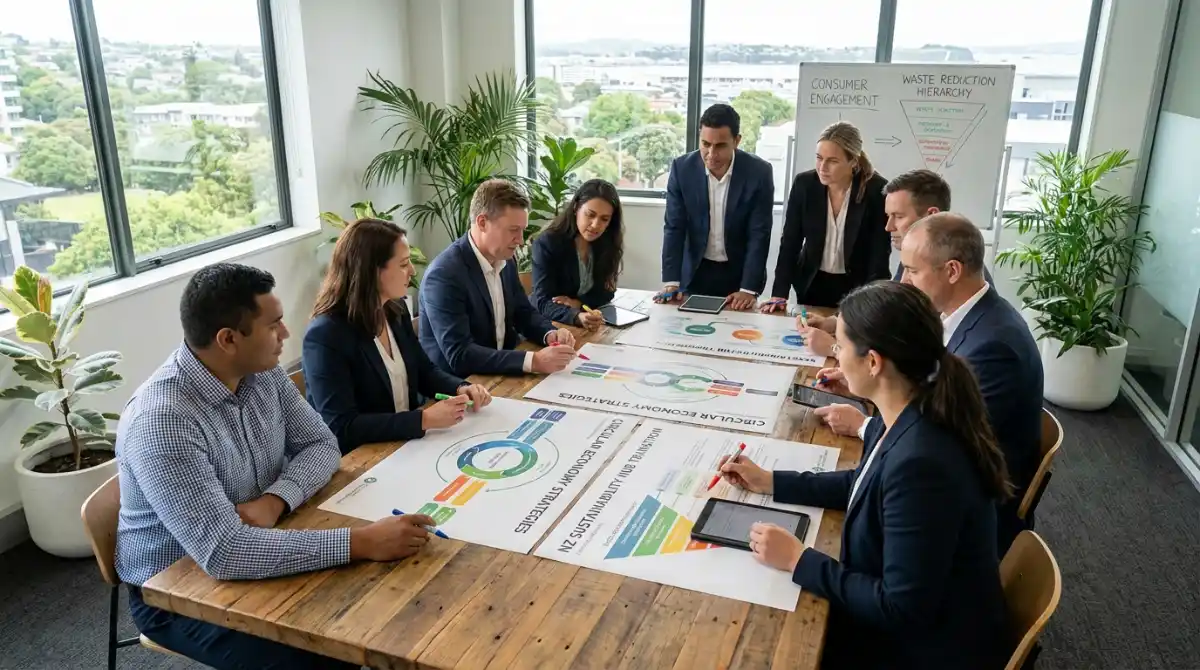 Sustainability consultants collaborating on circular economy strategies with business leaders