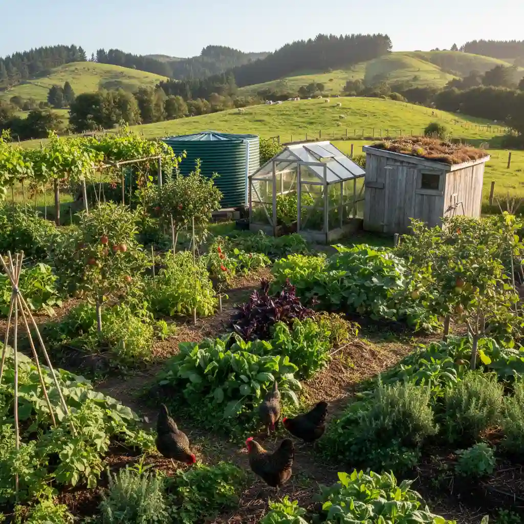 A thriving permaculture garden in NZ demonstrating diverse plantings and integrated systems.