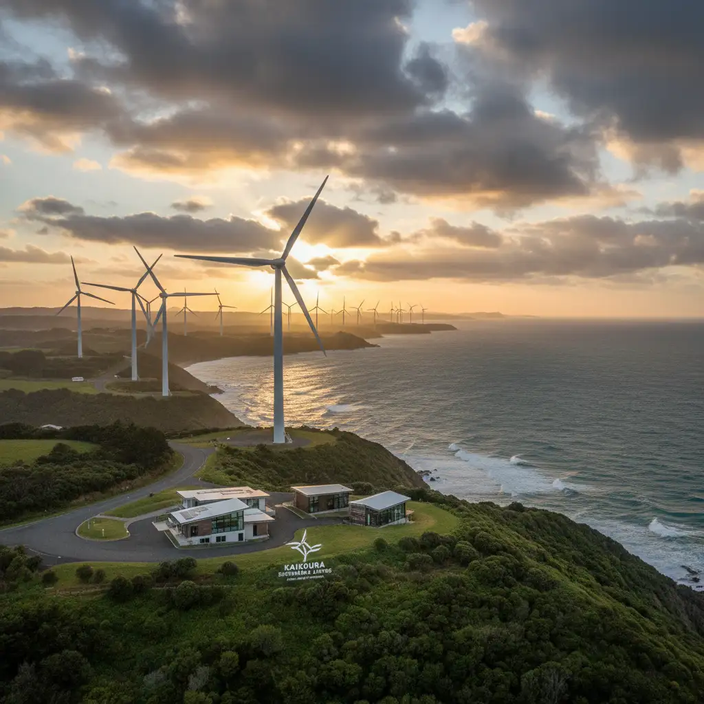 Large modern wind turbines in a coastal wind farm