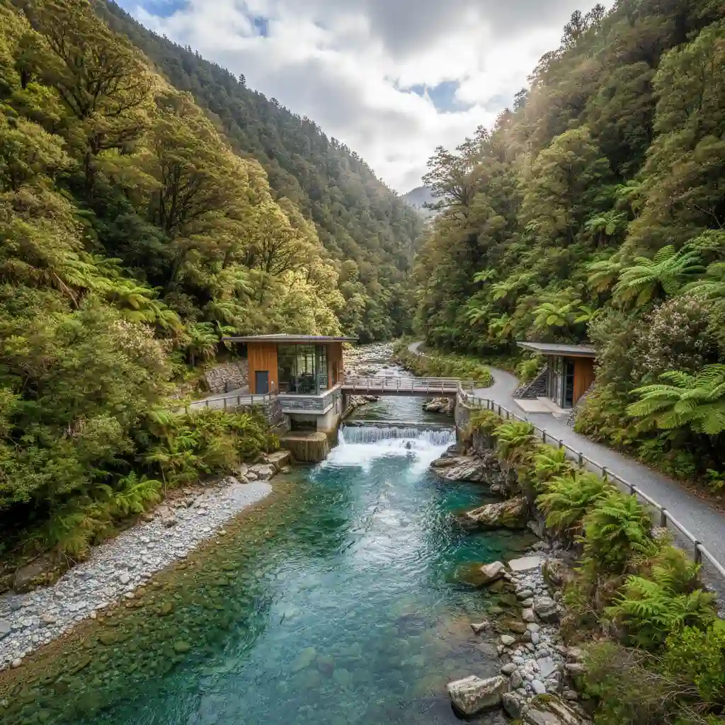 Small-scale hydropower plant in a New Zealand river valley