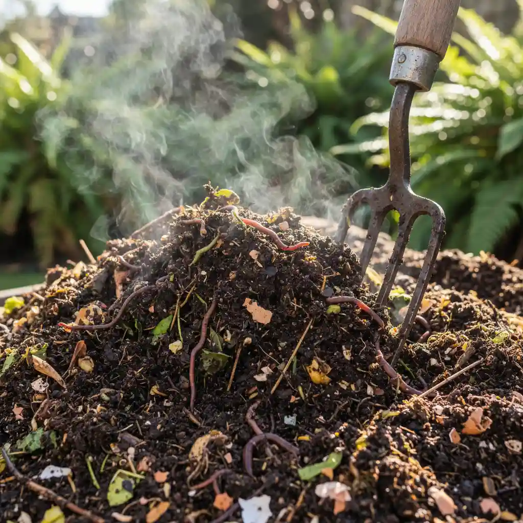 Rich, dark, and healthy compost being turned, ready for garden use.