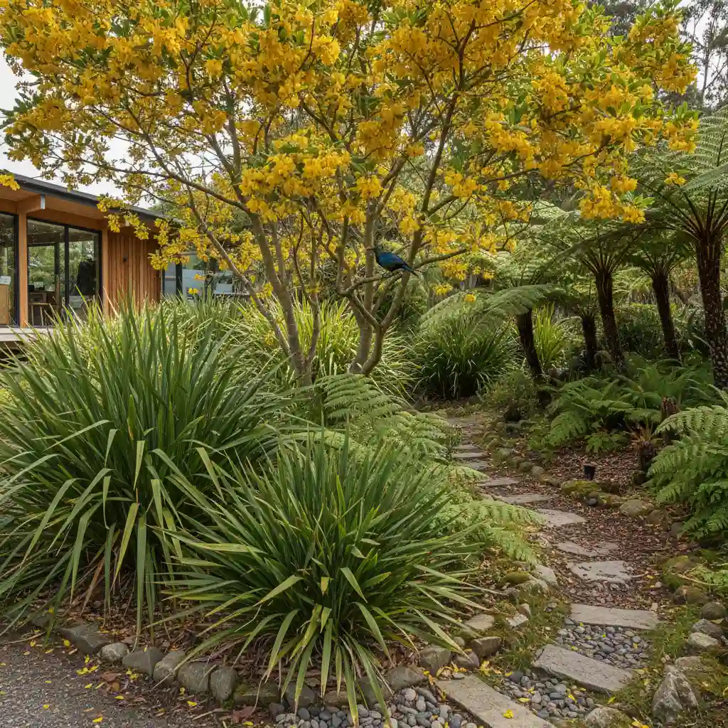 Diverse New Zealand native plants flourishing in a garden, attracting local wildlife.