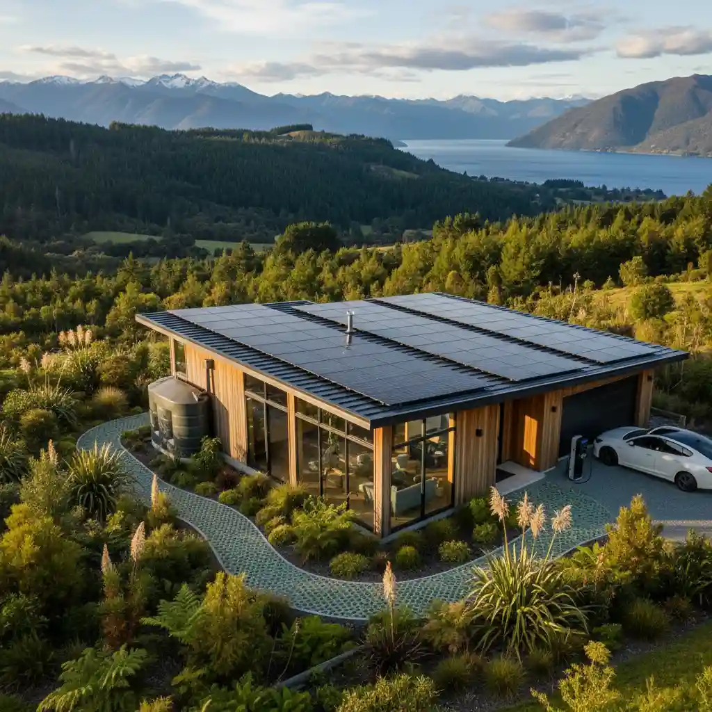 Energy-efficient home with solar panels in New Zealand