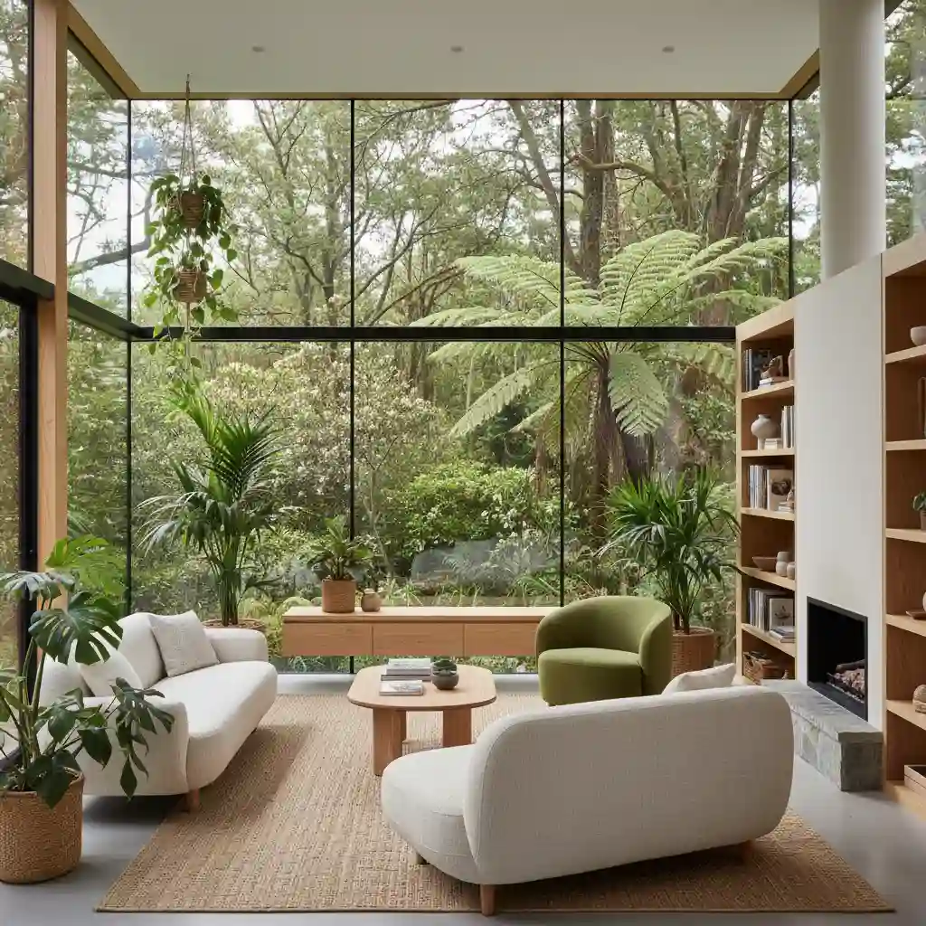 A modern living room showcasing biophilic design with natural light, plants, and eco-friendly furniture