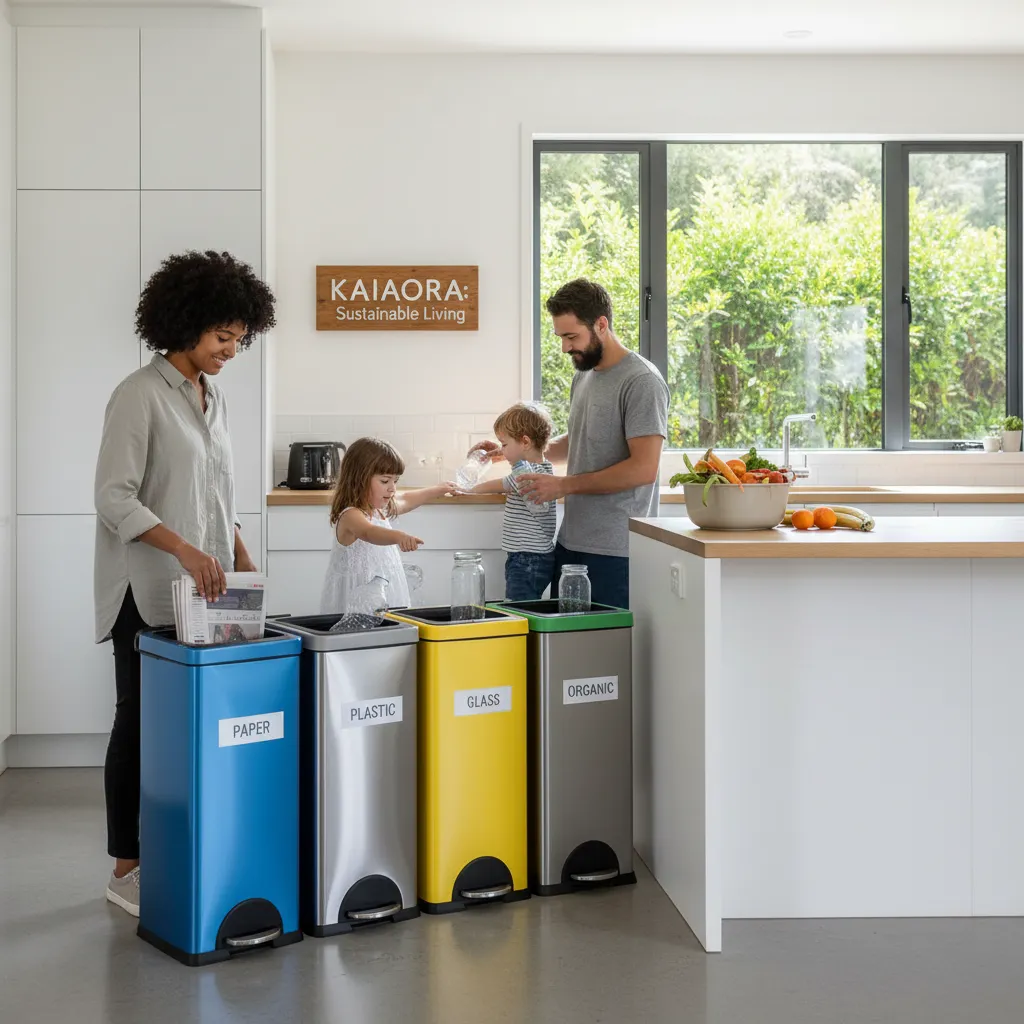 Family sorting waste into recycling bins in a modern kitchen