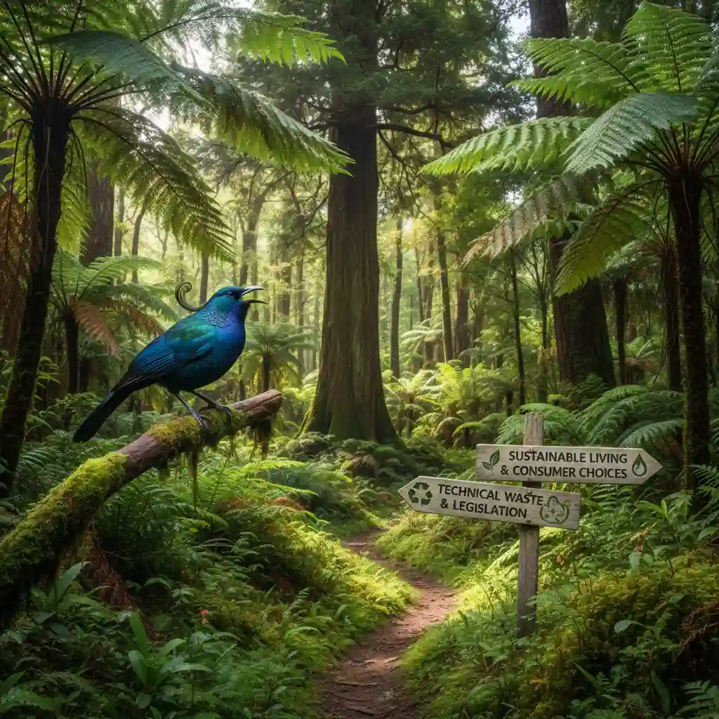 Lush New Zealand native forest with Tui bird