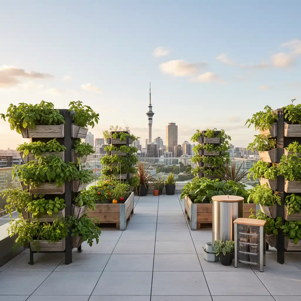 Modern urban farming on a NZ balcony with vertical gardens and container plants.