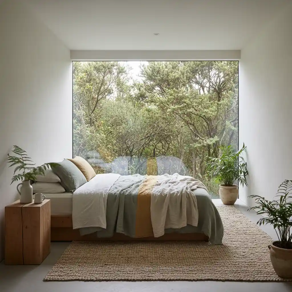 Biophilic bedroom design in a New Zealand home with sustainable materials and natural light
