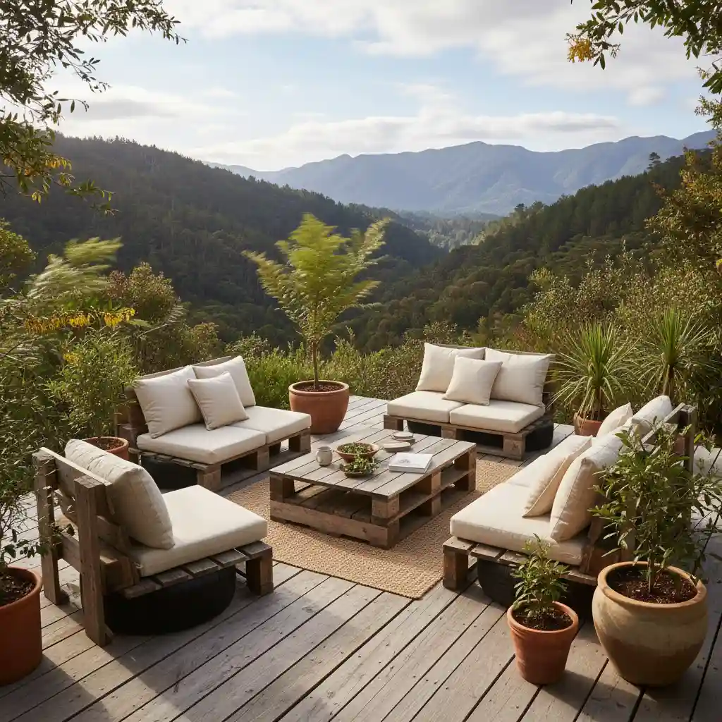 Outdoor biophilic living area in New Zealand with sustainable furniture and native plants