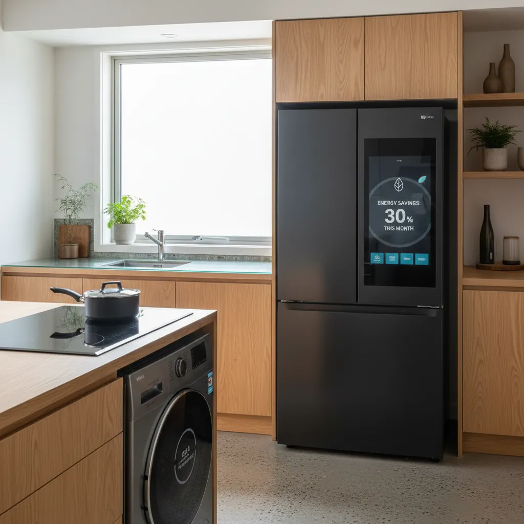 Modern kitchen with smart energy-efficient appliances showcasing innovation and design