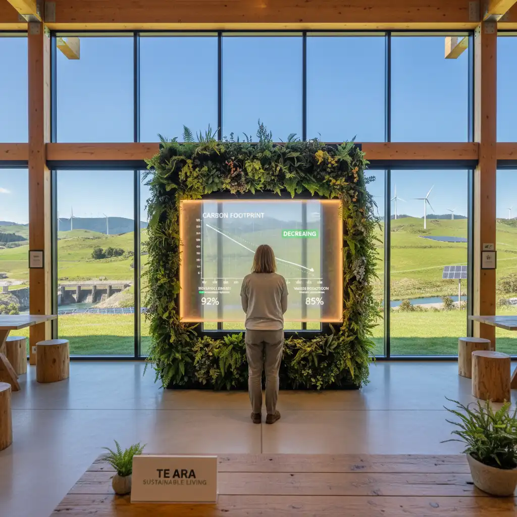 Infographic showing a person tracking their decreasing carbon footprint with renewable energy