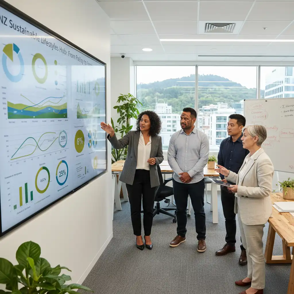 Sustainability consultant advising a team on eco-friendly business strategies