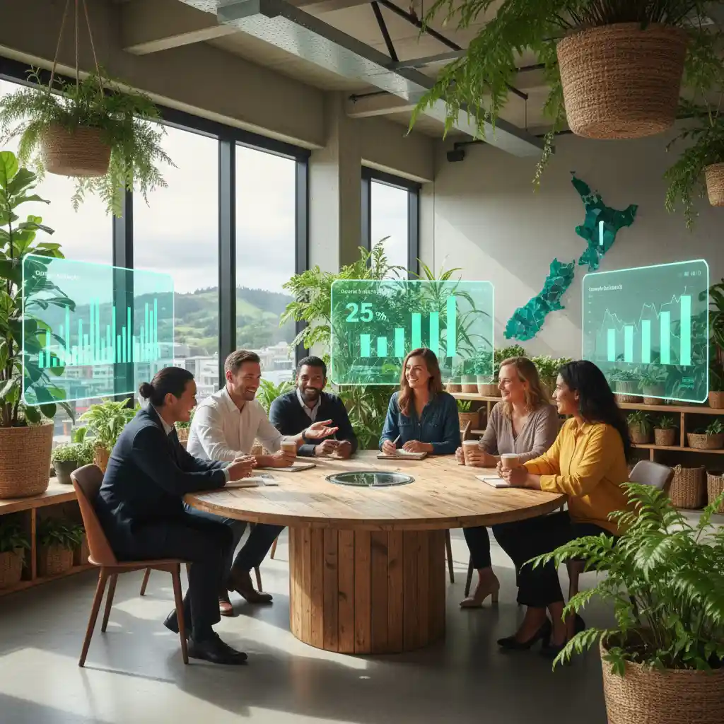 Professionals discussing top sustainable business models in a green office