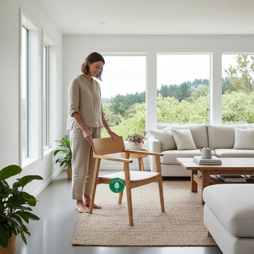 Why Eco Certifications Matter for Sustainable Decor Choices: A person examining a certified eco-friendly wooden chair