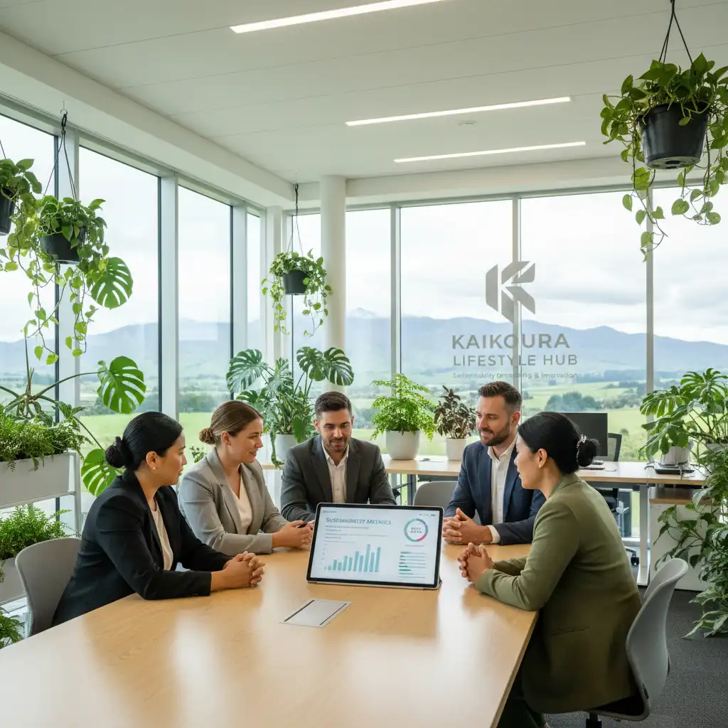 Sustainability consulting team collaborating on strategy in a modern office