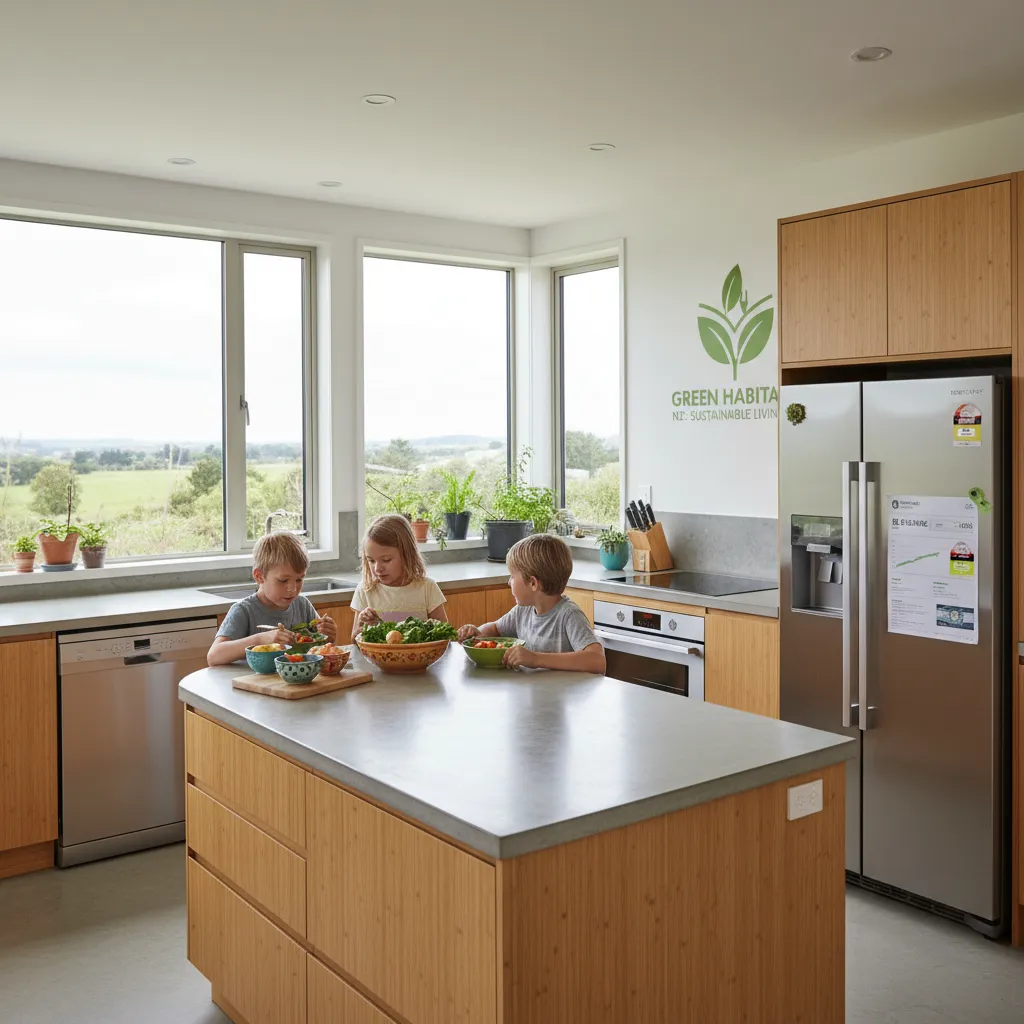 Family enjoying a meal in an energy-efficient kitchen