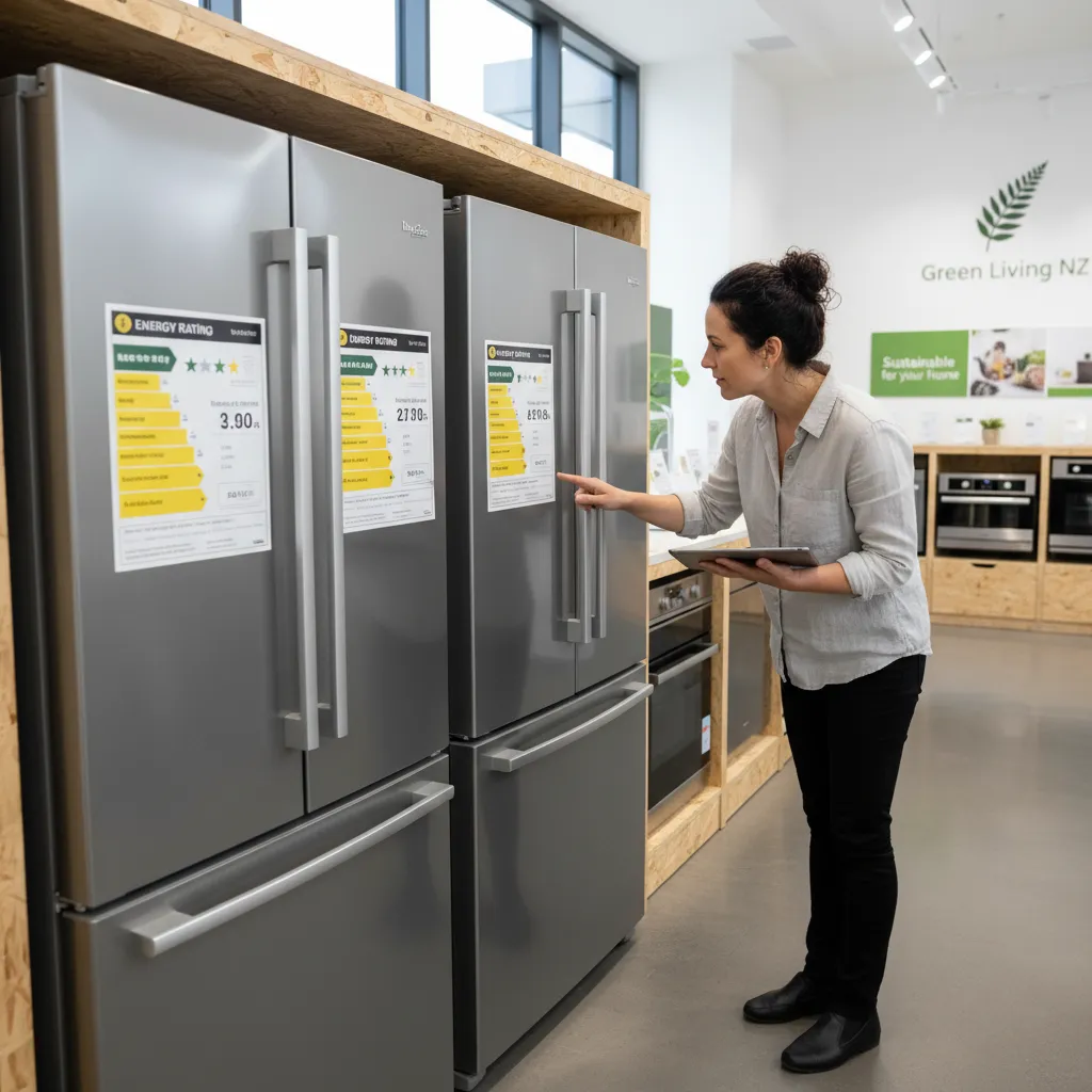 Person comparing energy rating labels on appliances in a store