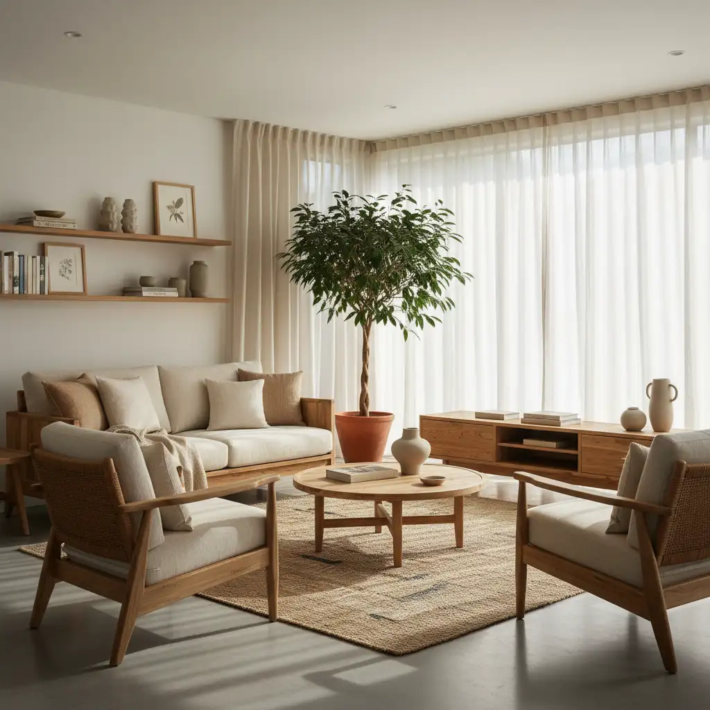 A modern living room featuring eco-friendly furniture made from sustainable reclaimed wood and natural fabrics, reflecting a commitment to sustainable living.