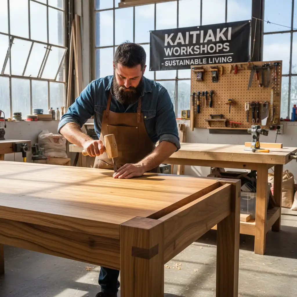 Skilled artisan crafting a durable wooden dining table using traditional joinery, symbolising longevity in eco-friendly furniture design.