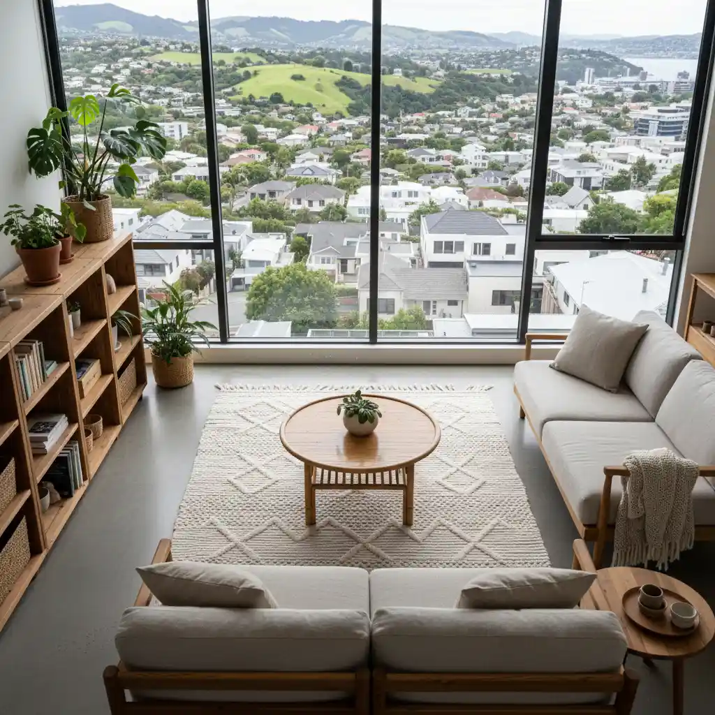 Minimalist apartment in New Zealand with eco-friendly furniture, including a bamboo coffee table and wool rug, promoting sustainable living.