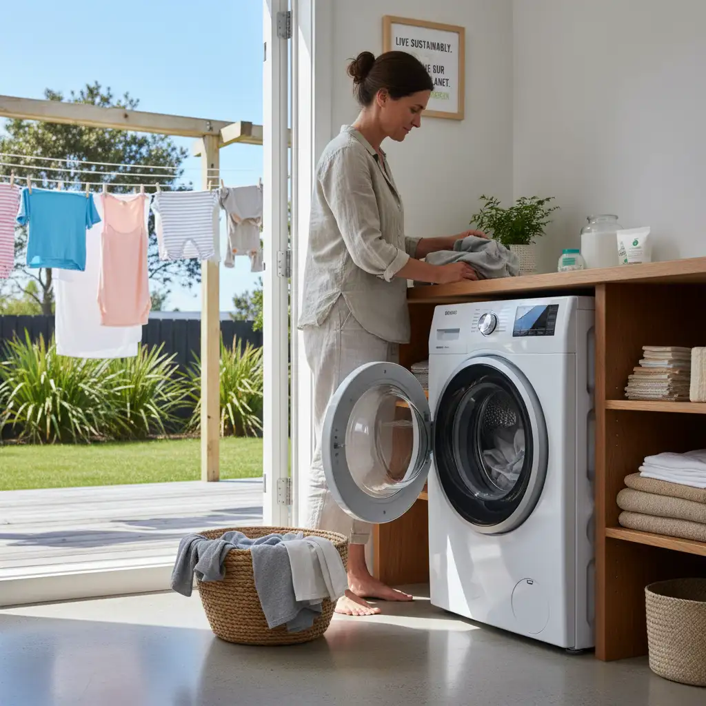 High-efficiency front-loading washing machine in use