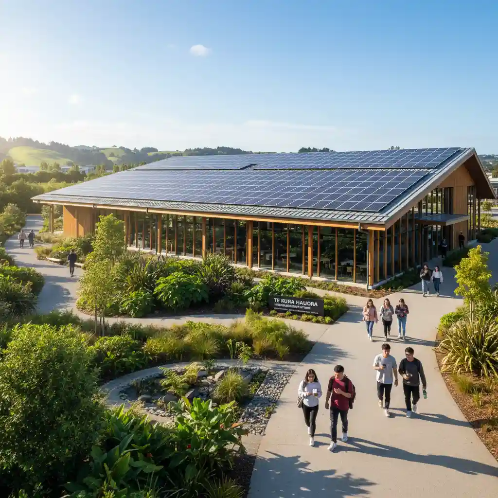 Modern green university building with solar panels and eco-friendly design