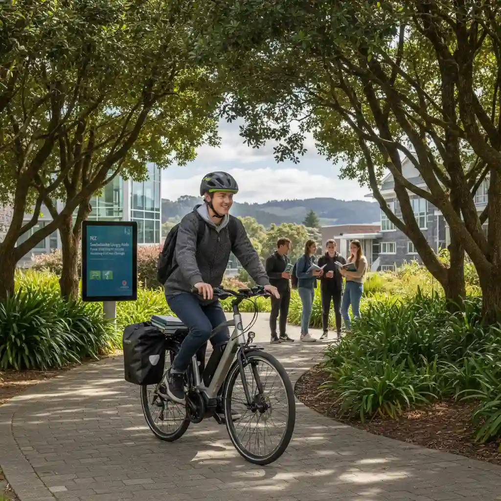Student biking to university campus sustainably