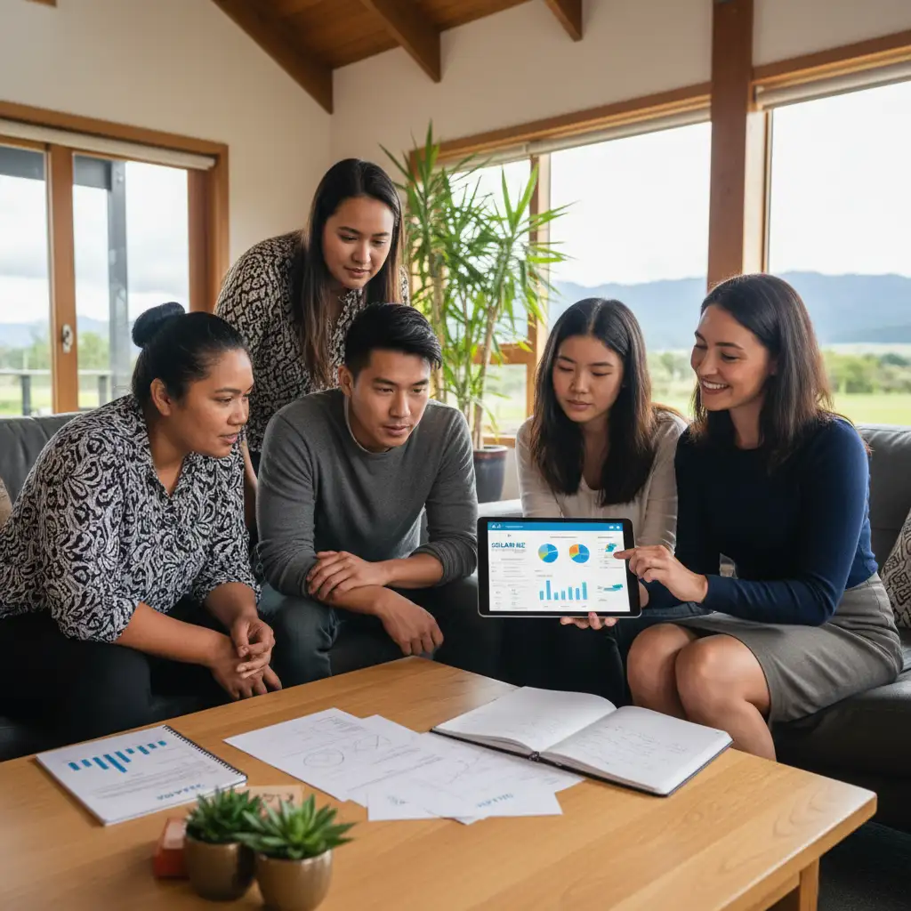 New Zealand homeowners discussing solar power options with a consultant