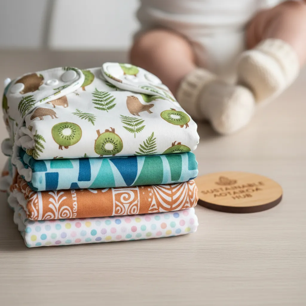 Modern cloth nappies stacked for sustainable baby products NZ