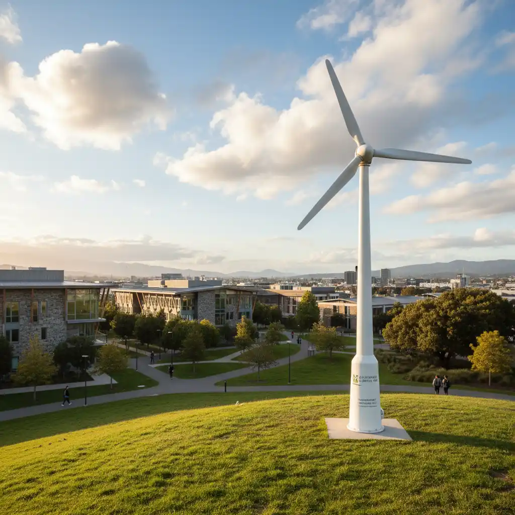 Small wind turbine on a university campus as part of renewable energy initiatives