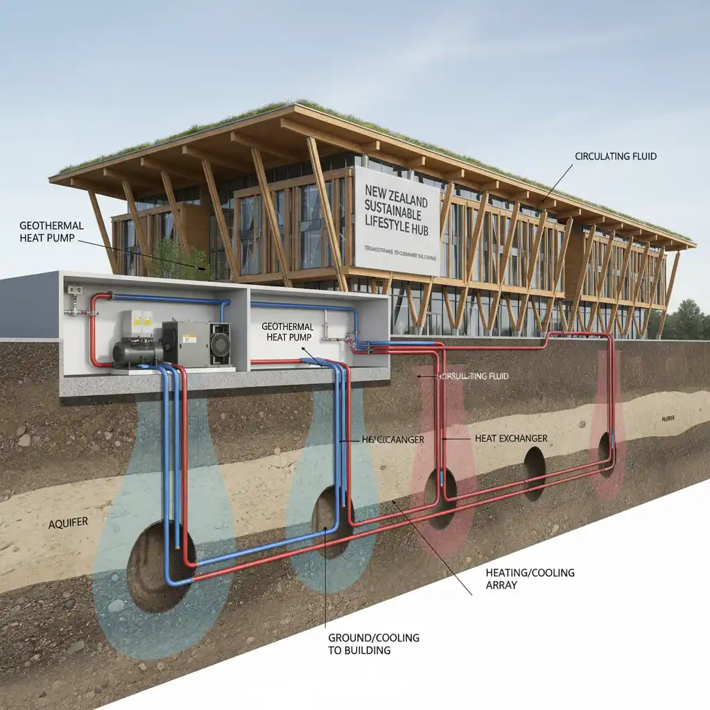Geothermal heat pump system diagram for campus heating and cooling