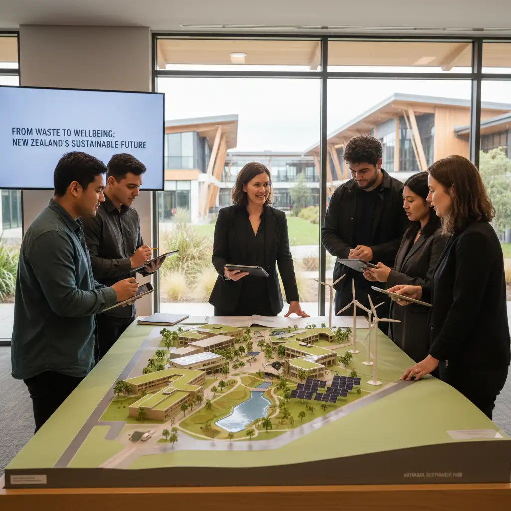 Students and professor discussing campus renewable energy projects