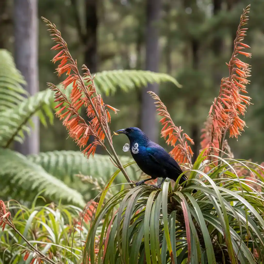 Native New Zealand Tui bird on harakeke plant