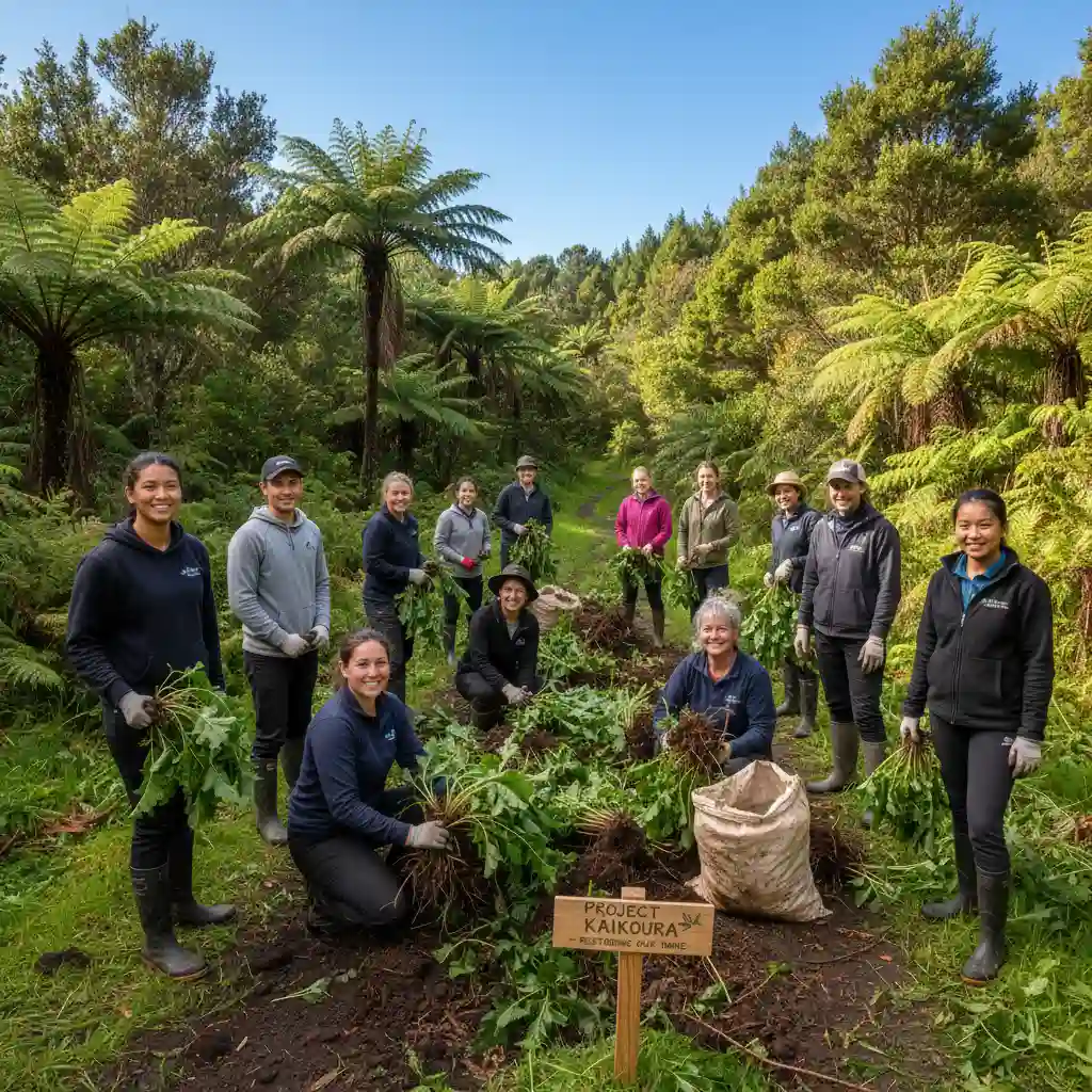 Diverse community members collaborating on weed removal for conservation