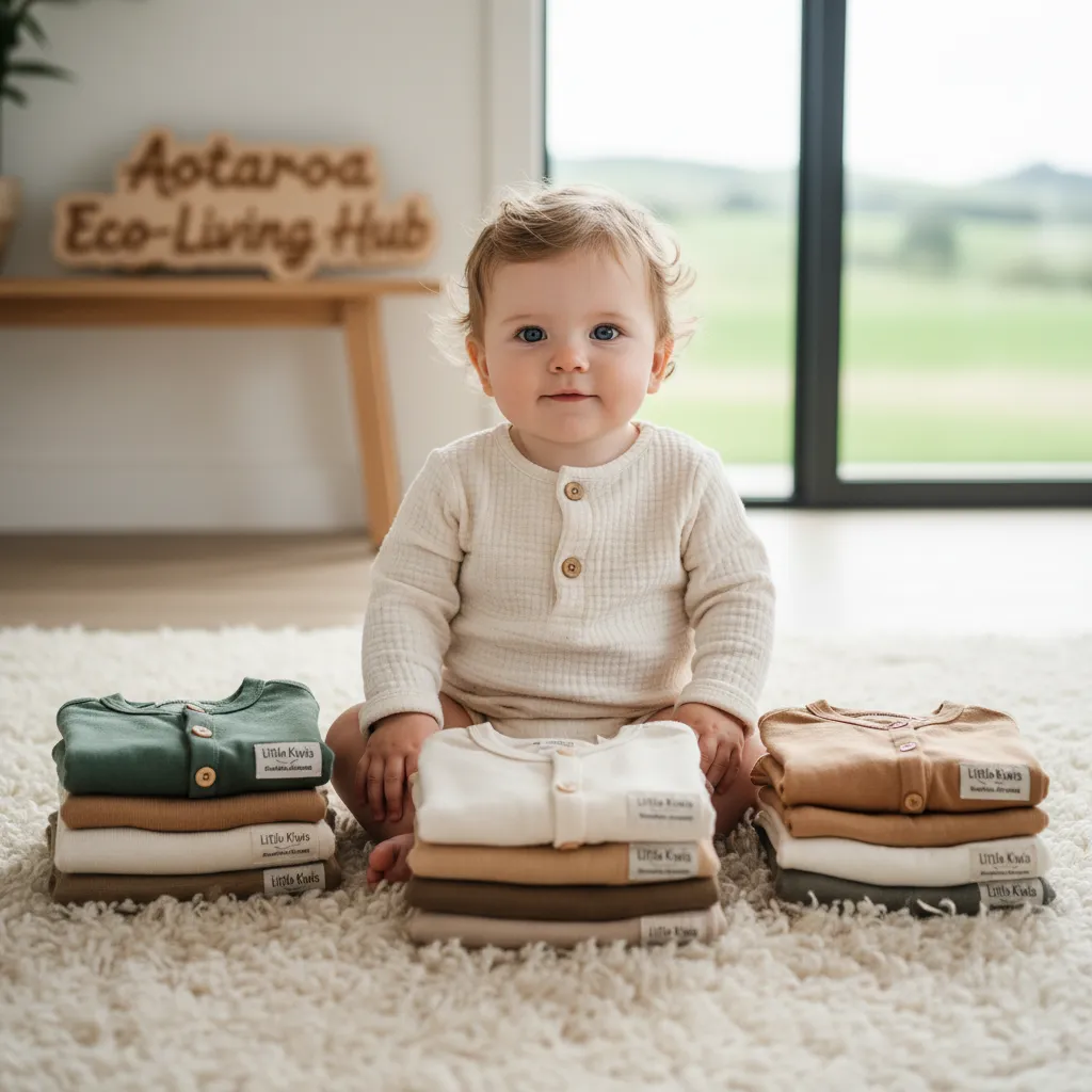 Baby wearing organic cotton clothing, examples of sustainable baby products NZ