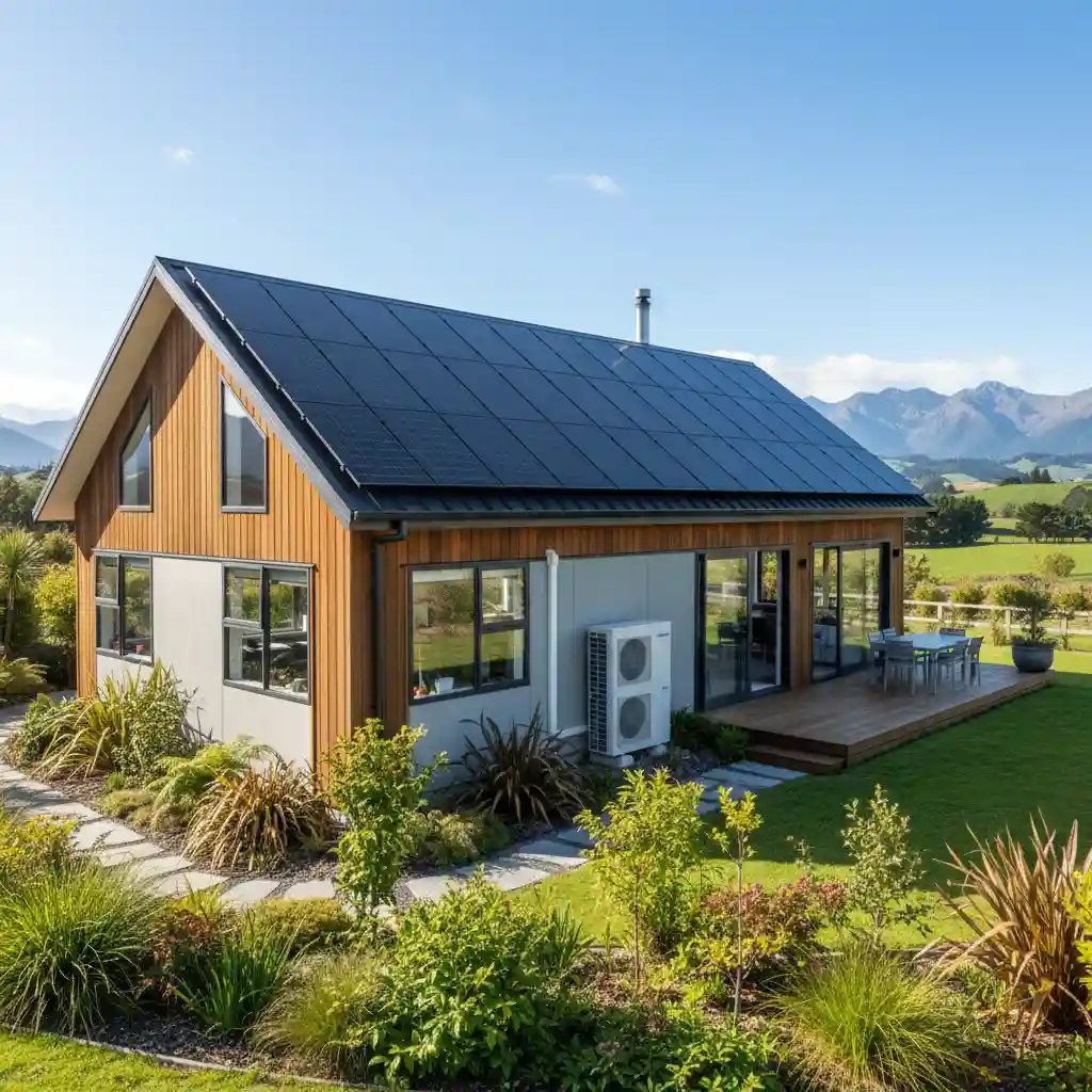 Sustainable home with solar panels and heat pump