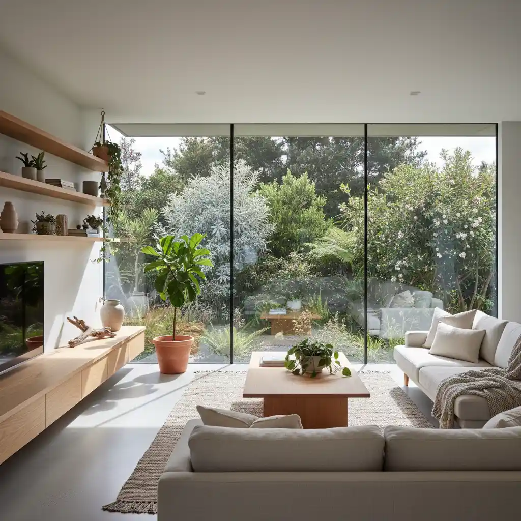 Modern living room with biophilic design elements and natural light in a New Zealand home