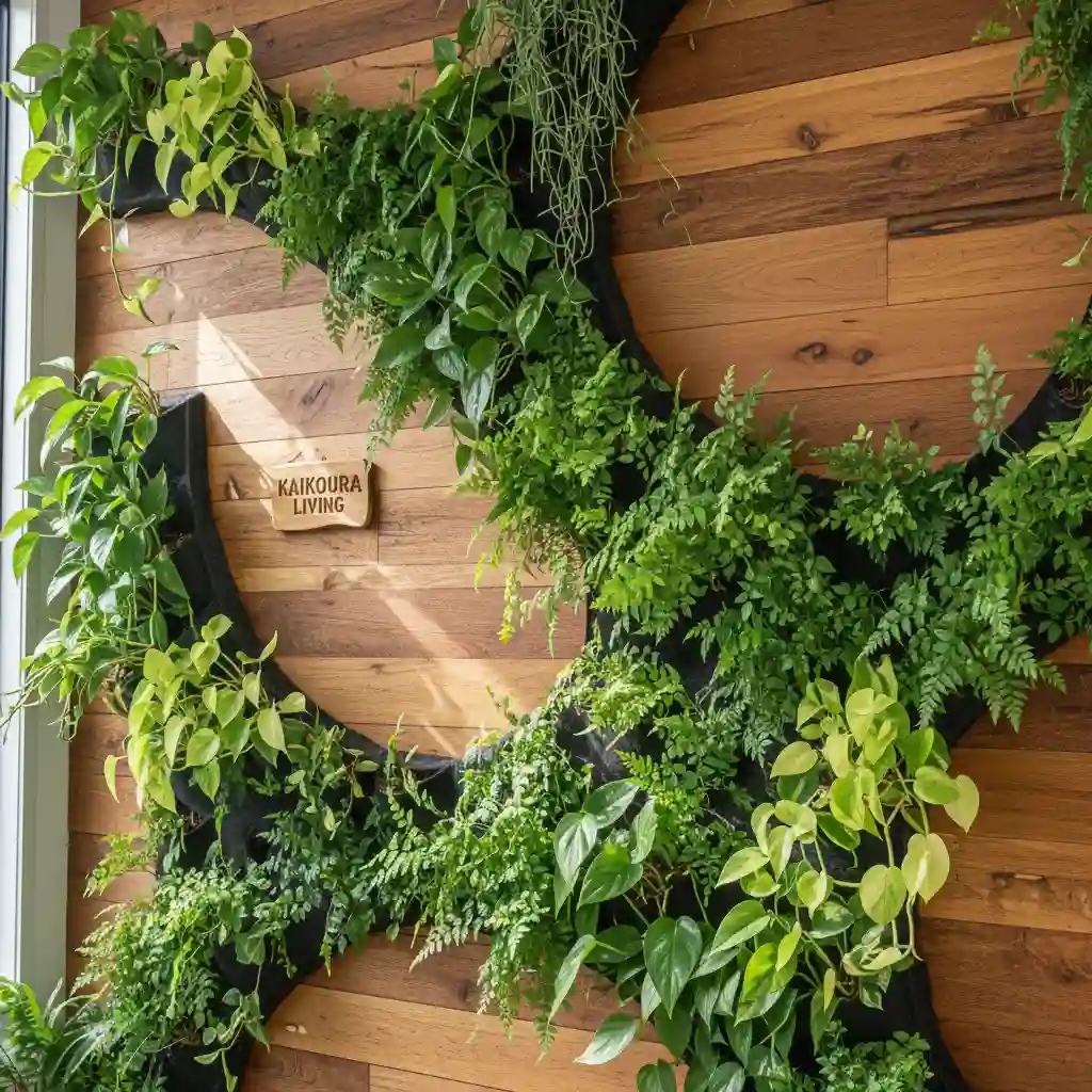 Close-up of textured natural wood wall with integrated vertical garden and plants
