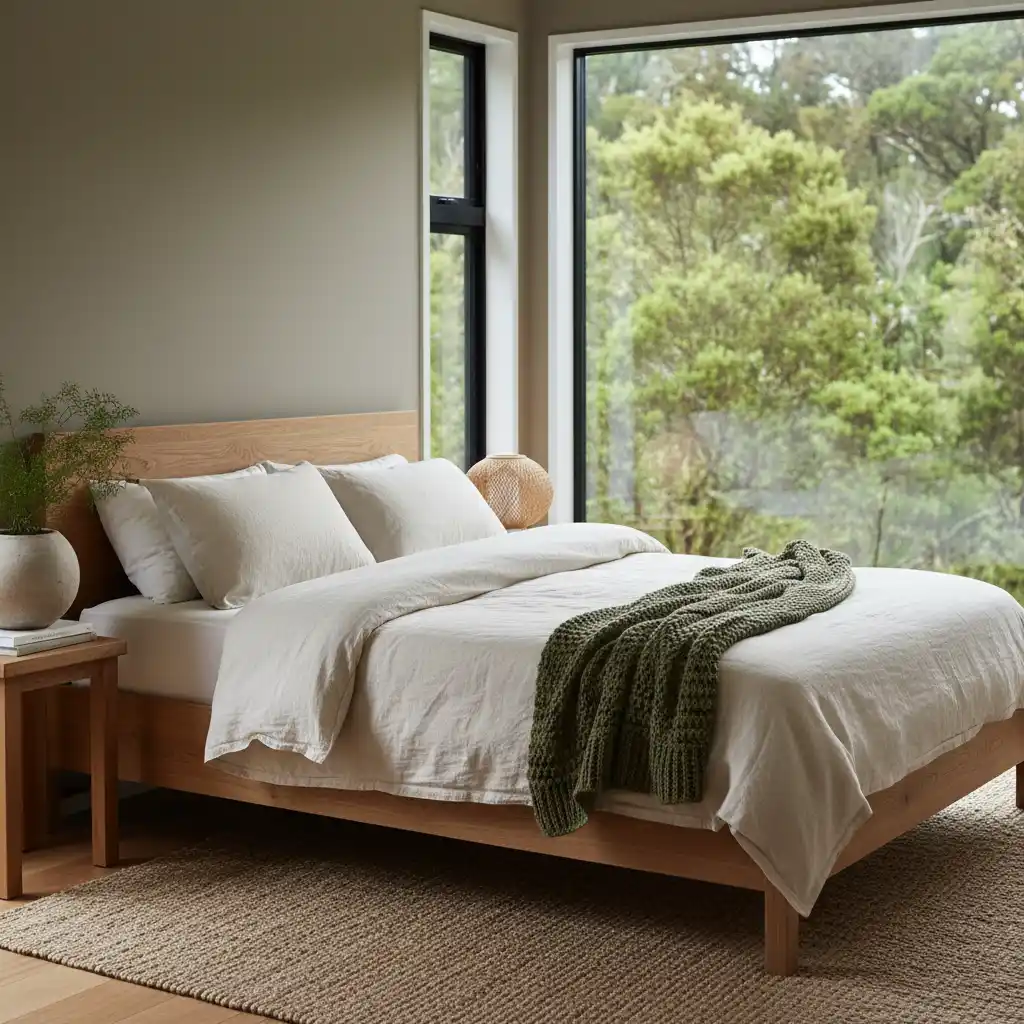 Bedroom with natural wood, linen, and large window for biophilic design
