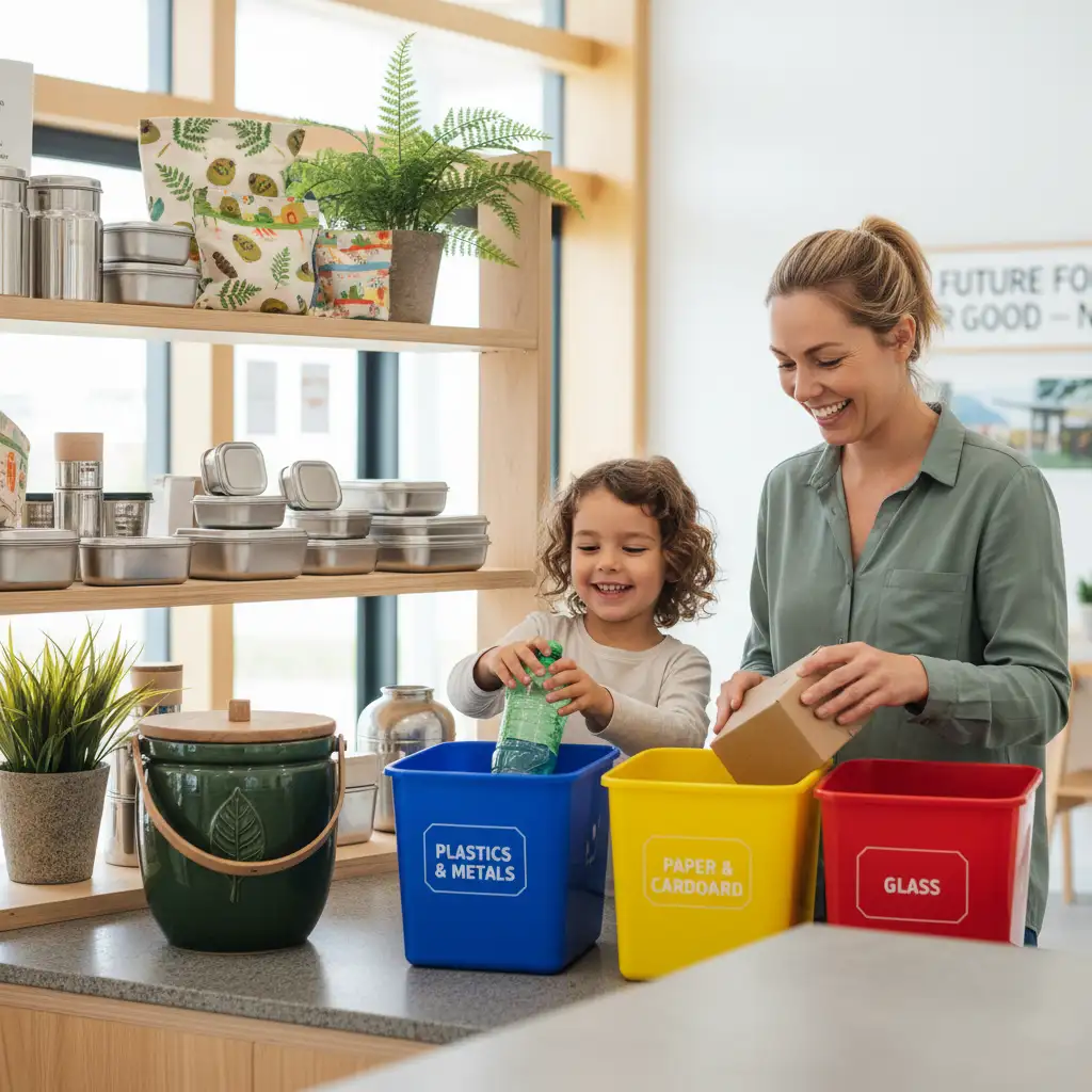 Family engaging in waste reduction activities with sustainable baby products NZ