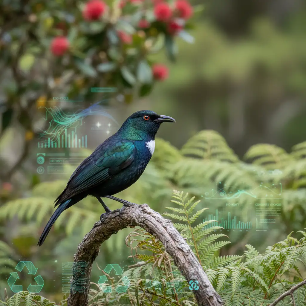 Tūī bird in New Zealand forest, representing unique endemic species