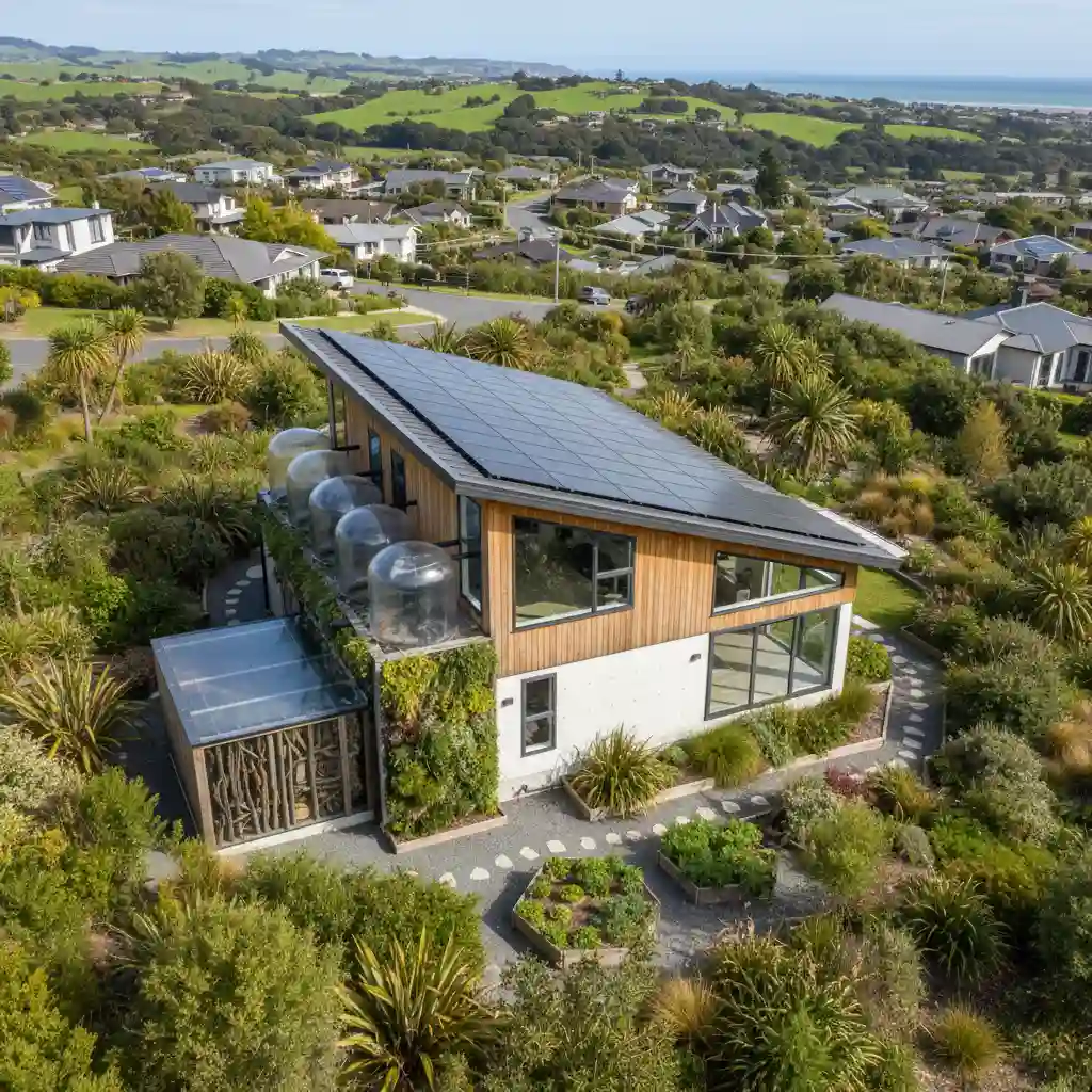 Sustainable New Zealand home with solar panels and native garden