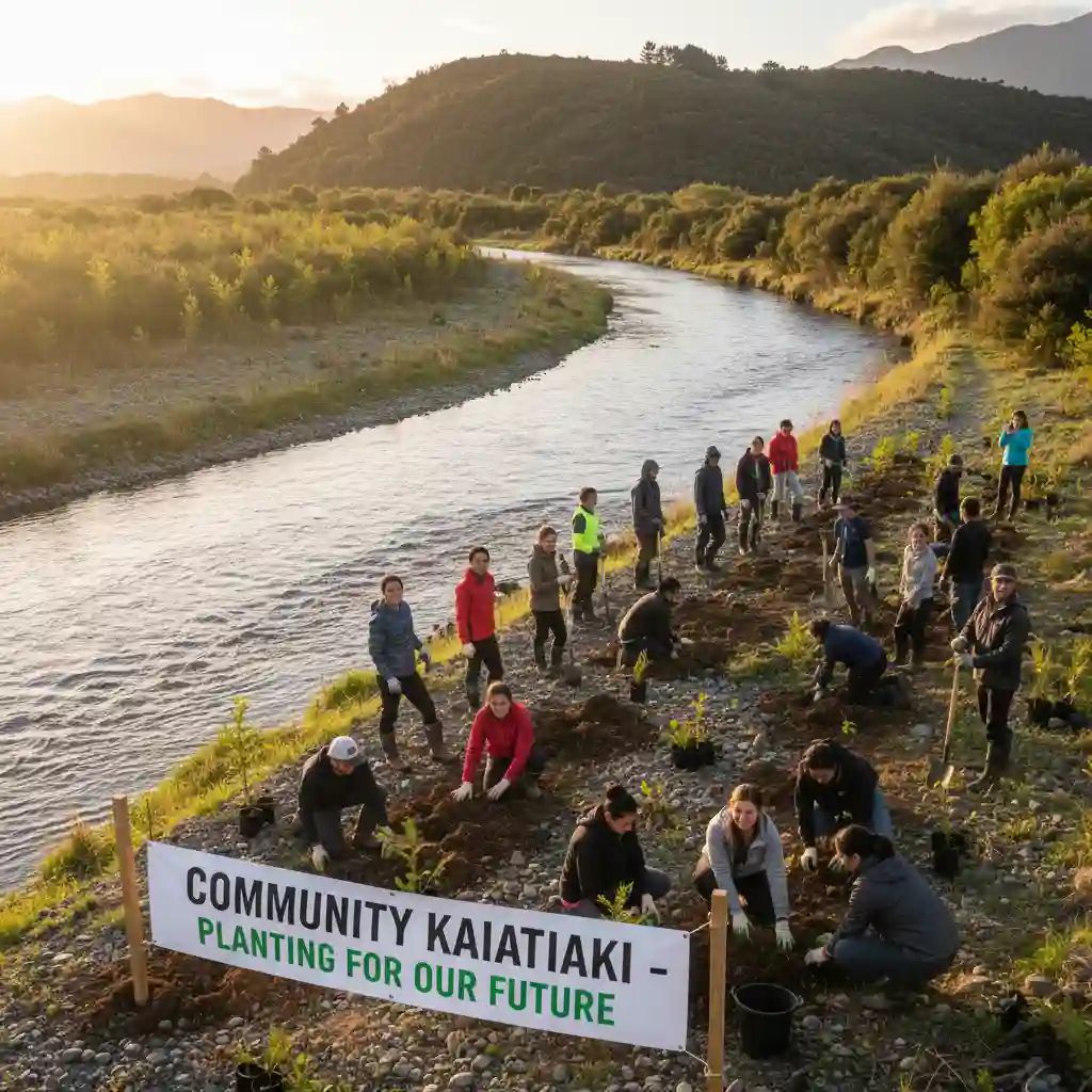 Community volunteers planting native trees in New Zealand for conservation