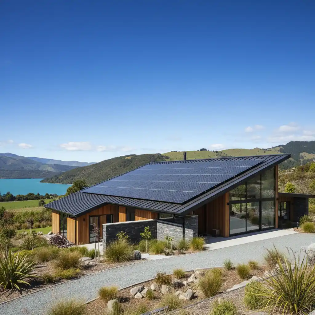 Modern solar panels on a sustainable home in New Zealand