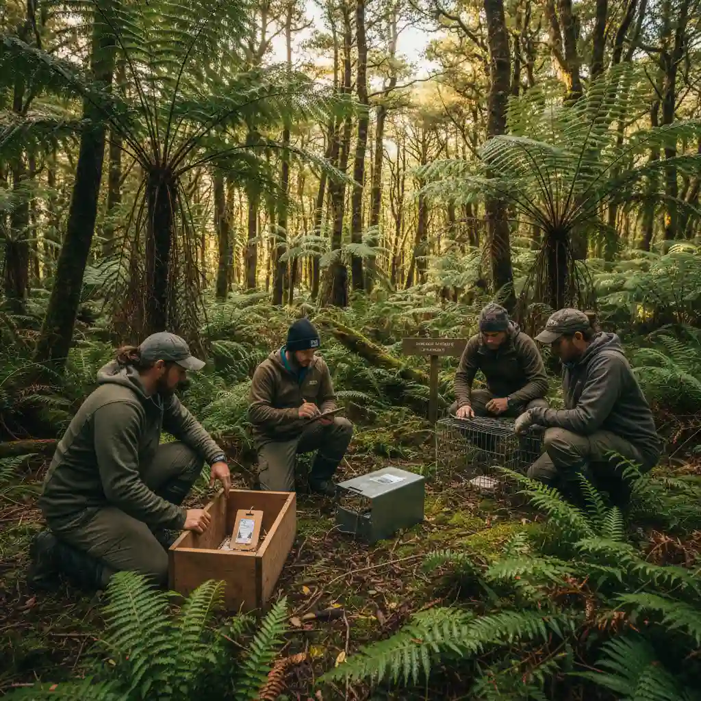 Conservation volunteers checking traps in a New Zealand native forest