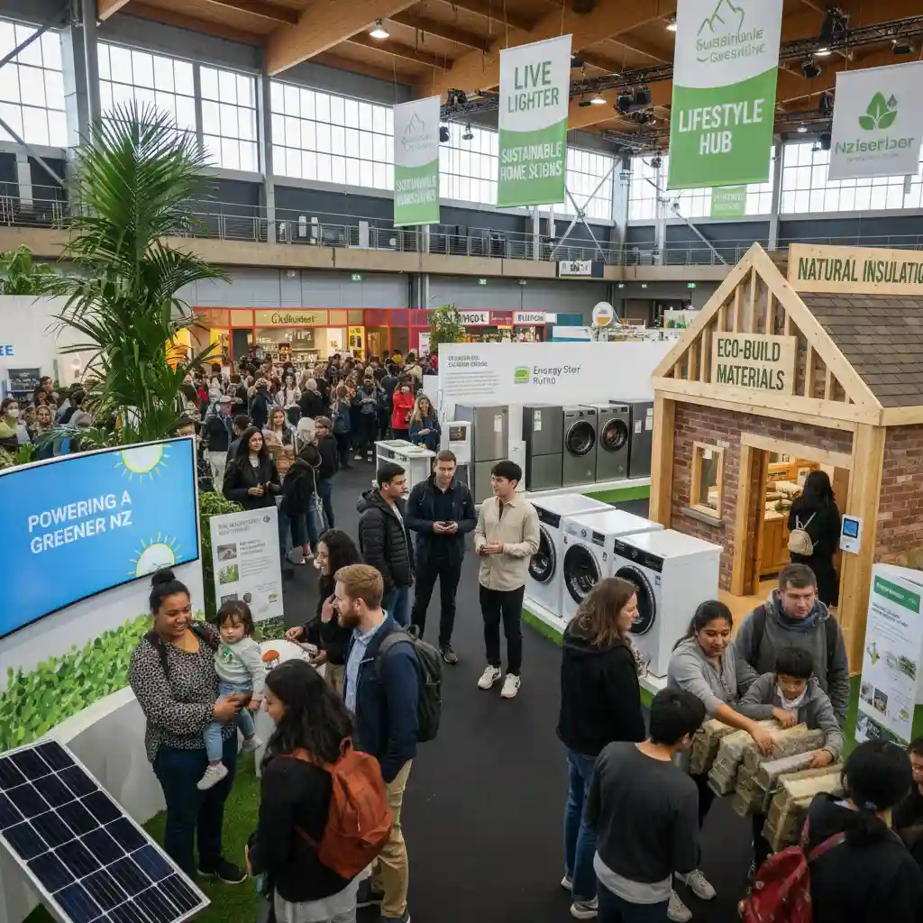 People engaging with sustainable living solutions at an expo