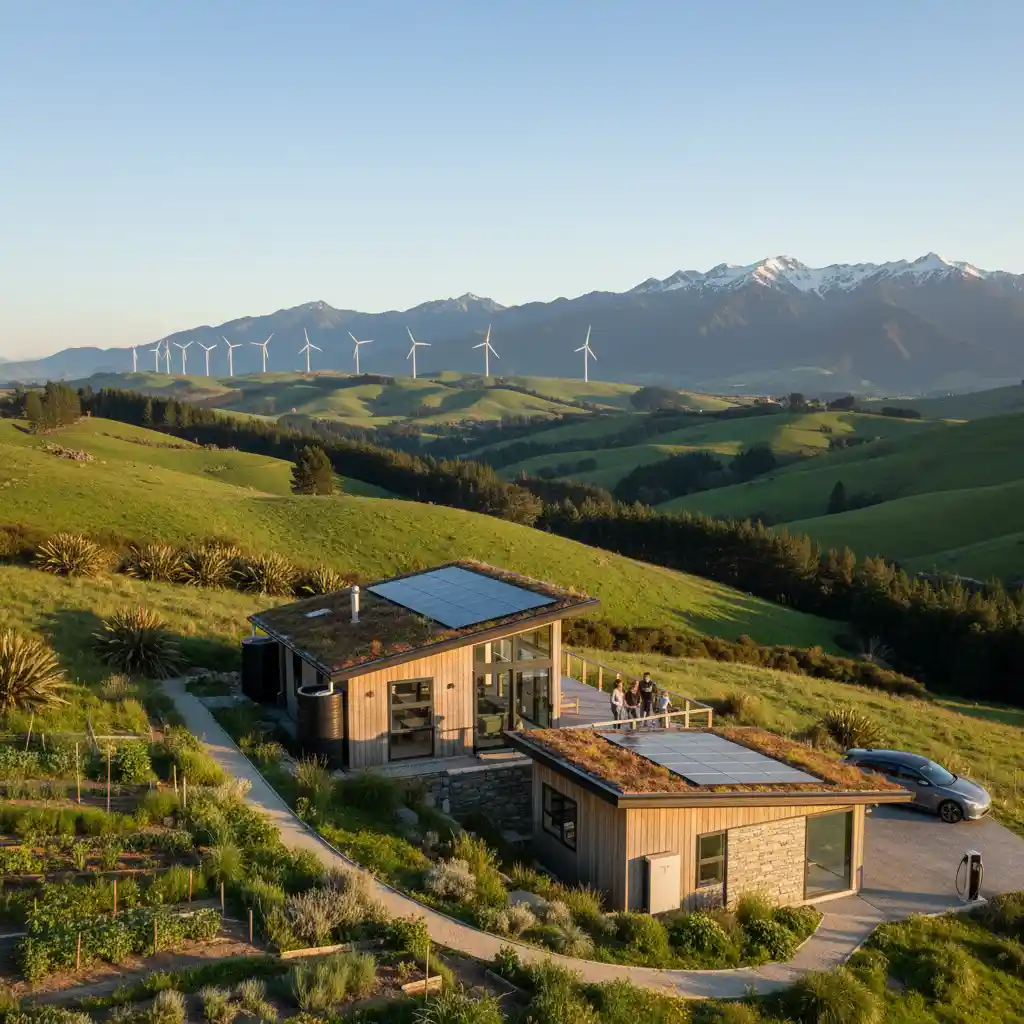 New Zealand landscape with wind turbines and an energy-efficient home