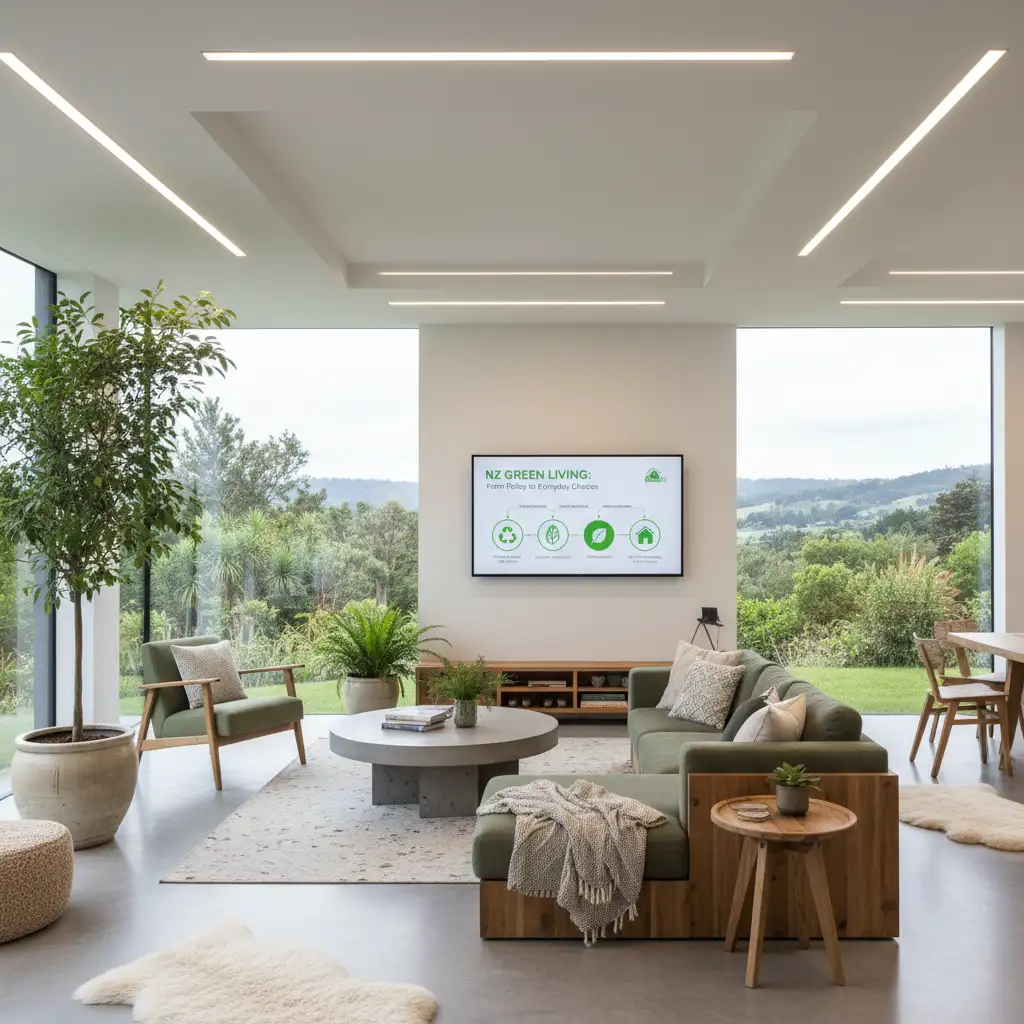 Bright living room with LED lighting and natural light